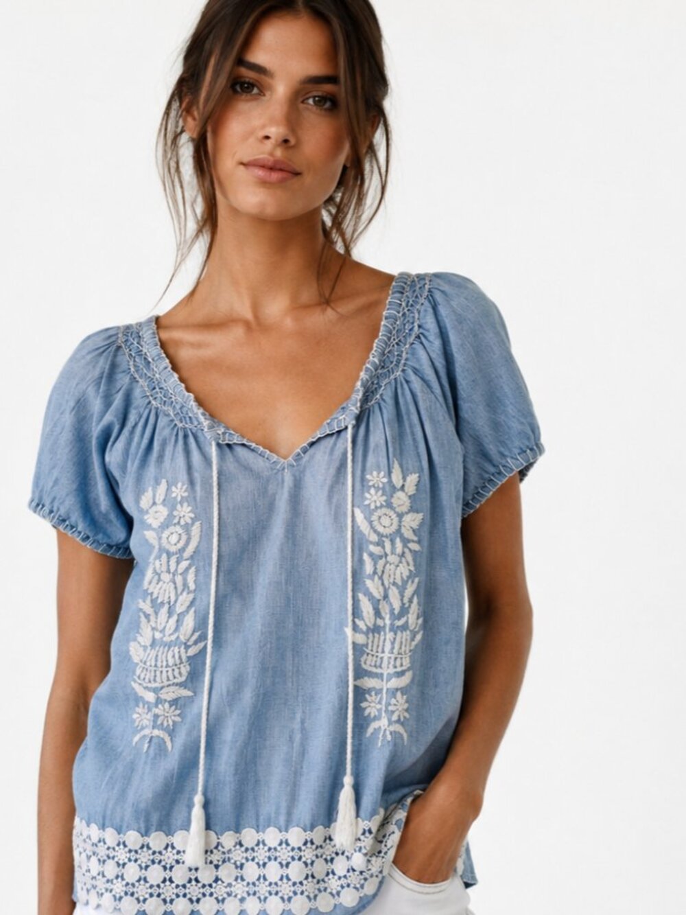 Boho tasseled blue white cotton cottagecore beachy embroidered blouse XX